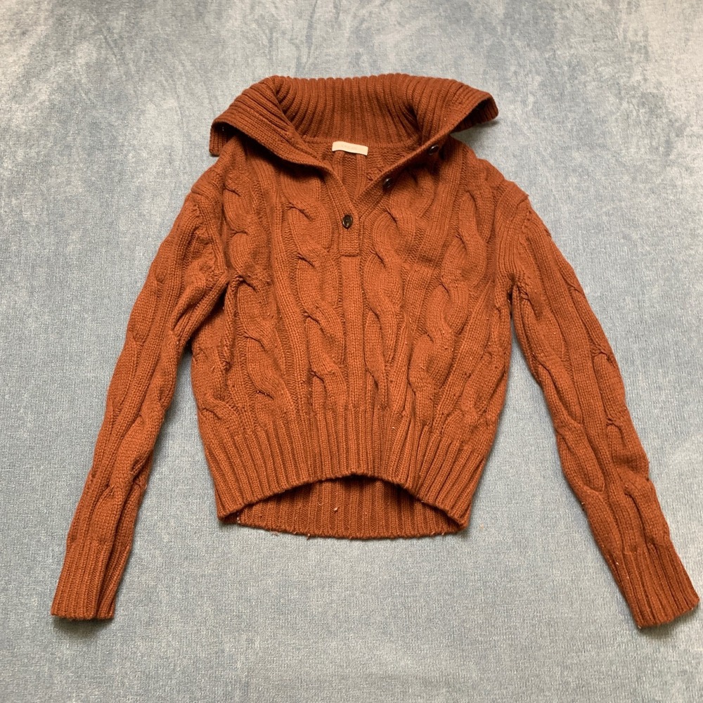 CHICJOC Sweater Women's 36 Rust Brown Cable Knit Classic Winter Quarter Button